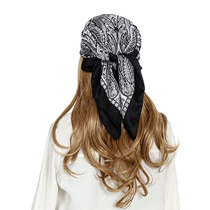 RIIQIICHY Women Head Hair Scarf Like Satin Silk Scarf Sleeping Hair Wrapping Night 27.5" - color: Black/White/Slate Grey