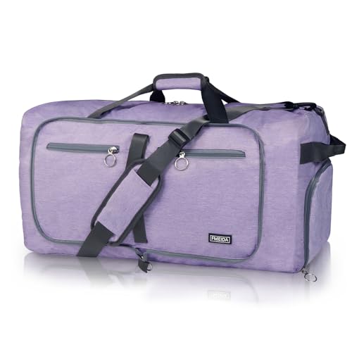 Fmeida 65L Duffle Bag with Shoes Compartment, Foldable Travel Duffel Bags for Men Women, Large Packable Travel Bag Water Repellent & Tear Resistant (Purple) - color: Textured Purple