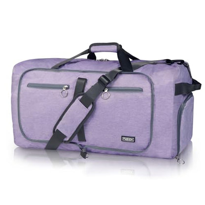 Fmeida 65L Duffle Bag with Shoes Compartment, Foldable Travel Duffel Bags for Men Women, Large Packable Travel Bag Water Repellent & Tear Resistant (Purple) - color: Textured Purple