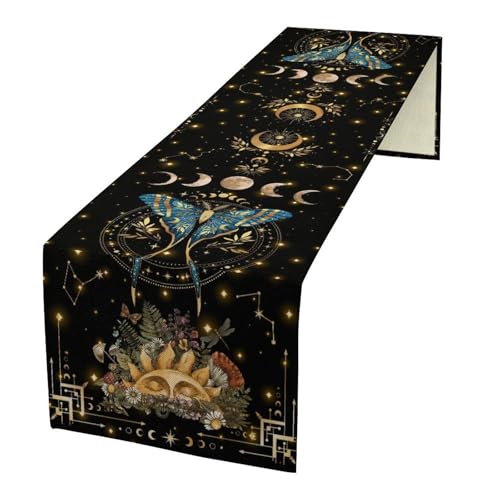 Gothic Moth Table Runner, Boho Gothic Sun Moon Phase Wildflower Mystical Witchy Farmhouse Coffee Table Runner for Home Kitchen Dining Patio Holiday Party 13x36in - color: Moth-5, size: W13''xL36''
