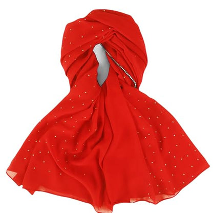 Hijab Scarf for Women Soft Chiffon Rhinestone Long Scarf Shawl Fashion Muslim Hijab Head Wrap Scarves - color: Red