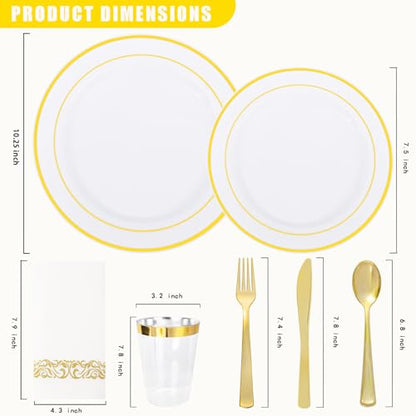 Supernal 200pcs Gold Plastic Dinnerware included 25 Party Dinner Plates 25 Dessert Plates 25 Disposable Cups and 25 Paper Napkins Disposable 25 Spoons 25 Knives 50 Forks for Party and Wedding - color: 200pcs White and Gold Plastic Dinnerware