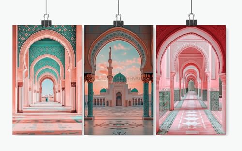 LANZHENZHENART 3Pcs Mosque Entrance Wall Art Islamic Picture Canvas Painting Prints For Home Dining Room Living Room Wall Decor Poster Artwork(24" x 36" x 3 Panels Unframed) - color: White 3, size: (24" x 36" x 3 Panels Unframed)