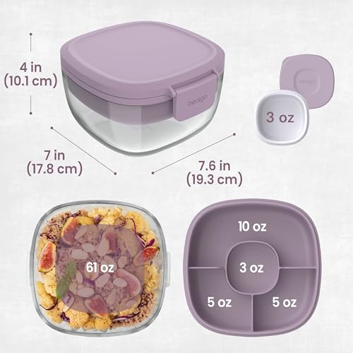 Bentgo Glass Salad Container - 7.6-Cup Salad Bowl with Airtight Lid, Leak-Proof Sauce Container, 4-Compartment Bento Tray & Reusable Fork - BPA-Free for Meal Prep, Office & More (Lavender) - color: Lavender