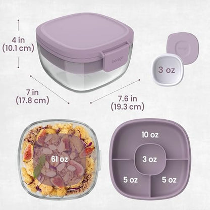 Bentgo Glass Salad Container - 7.6-Cup Salad Bowl with Airtight Lid, Leak-Proof Sauce Container, 4-Compartment Bento Tray & Reusable Fork - BPA-Free for Meal Prep, Office & More (Lavender) - color: Lavender