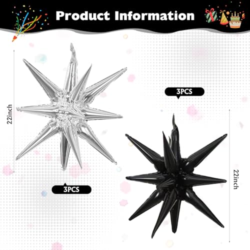 6 Pcs Silver Star Foil Balloons One-Piece 14-Pointed Star Balloon 4D Starburst Cone Mylar Balloon 22inch Christmas Birthday Wedding Wedding Anniversary Party Supplies (Black + Silver) - color: Black + Silver