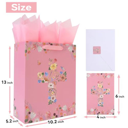 13" Large Floral Religious Gift Bag Set with Handles, Greeting Card, Tissue Papers and Stickers for Women Girls, for First Communions, Baby Girl Baptisms, Christenings, Religious Occasion, Clergy Day, Cross Design, 1 Pcs - color: (13'' Large)Pink