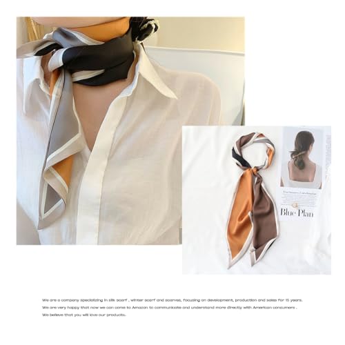 Silk Feeling Head Scarf Fashion Satin Hair Scarf Square Long Scarves for Women Gifts - color: 02 Grey Black Orange 5.12 X 59 Inch