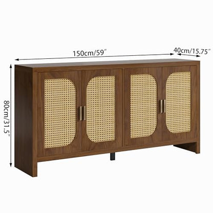 Fiogmub Rattan Sideboard Buffet Cabinet with Storage, Wooden Cabinet | 4 Doors Adjustable Shelves, for Kitchen, Dining Room, Entryway - color: Walnut