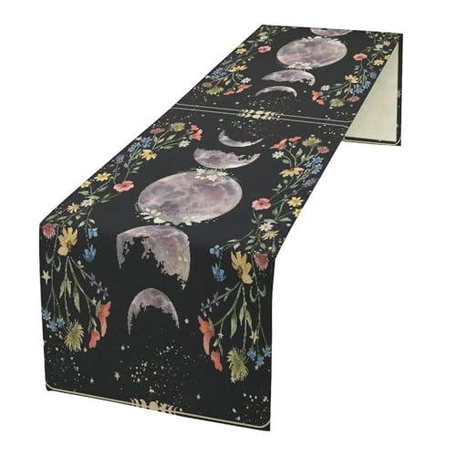 Kitchen Floral Moon Phase Table Runner - Gothic Mysterious Moonlit Farmhouse Decor - Burlap Table Runners for Decorations and Accessories - 13x36 Inch - color: Moon, size: 13x36 Inch