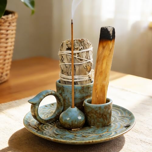 Tnstbiee 4-in-1 Blue Ceramic Palo Santo Burner, Small Smudge Tray Bowl - color: Palo-incense-dish-blue
