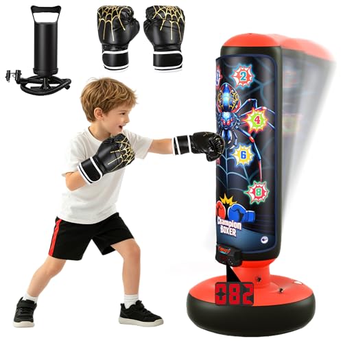 Electronic Boxing Bag Set, Interactive Punching Toy with Gloves, LED Lights, Music & 4 Game Modes, Auto Scoring Boxing Kit for Boys Girls Ages 3-12, Thick PVC Freestanding Punching Bag