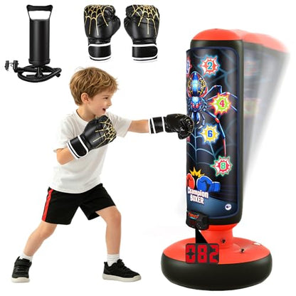 Electronic Boxing Bag Set, Interactive Punching Toy with Gloves, LED Lights, Music & 4 Game Modes, Auto Scoring Boxing Kit for Boys Girls Ages 3-12, Thick PVC Freestanding Punching Bag
