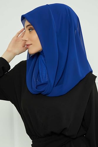 Aisha's Design Pre-tied Cotton-Chiffon Scarf for Women Practical Veil Instant Scarf Hijab Stylish Design - color: Sax Blue