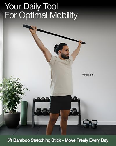 Yoga Stick - 5ft Bamboo Stretching Stick for Mobility, Flexibility, Balance with 20+ Video Tutorials, Stretching Equipment, Exercise Stick for Stretching, Posture Corrector, Physical Therapy Dowel Rod