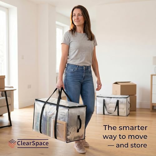 ClearSpace Heavy Duty Moving Bags - Water Resistant Storage Bags with Backpack Straps, Zippers and Handles - Large Moving Boxes for College Dorm, Travel, Closet Organization - 6 Pack, Clear | Heavy-duty moving bags with backpack straps, zippers, and handl
