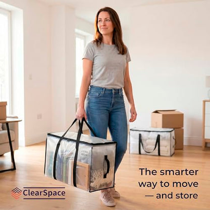ClearSpace Heavy Duty Moving Bags - Water Resistant Storage Bags with Backpack Straps, Zippers and Handles - Large Moving Boxes for College Dorm, Travel, Closet Organization - 6 Pack, Clear | Heavy-duty moving bags with backpack straps, zippers, and handl