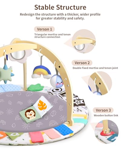 Baby Play Gym Activity Mat, WOOD CITY Tummy Time Play Mat for Babies 0-6 Months with 6 Detachable Newborn Infant Toys, Promote Motor Skills & Sensory Development Baby Essentials Gift