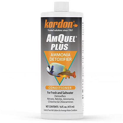 Kordon AmQuel Plus Aquarium Water Conditioner - Instantly Detoxifies Ammonia, Nitrite, Nitrate, and Chlorine Remover for Freshwater & Saltwater Aquariums, 16 Ounces - size: 16 Ounces