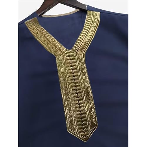 RTTUIOP Men's Muslim Clothes Lace Sleeves V-Neck Thobe Middle East Kaftan Saudi Arab Caftans Islamic Abaya Dress - color: 01-navy, size: Medium