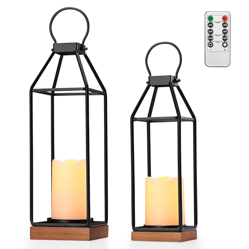 Perfnique Metal Lanterns w/ Pine Wood, Set of 2 Farmhouse Lantern Decorative w/ Waterproof Flameless Candle & Remote Timer, Modern Farmhouse Candle Holder for Outdoor, Porch, Fireplace(Wood Base) - color: 14.8inch ＆ 17.5inch