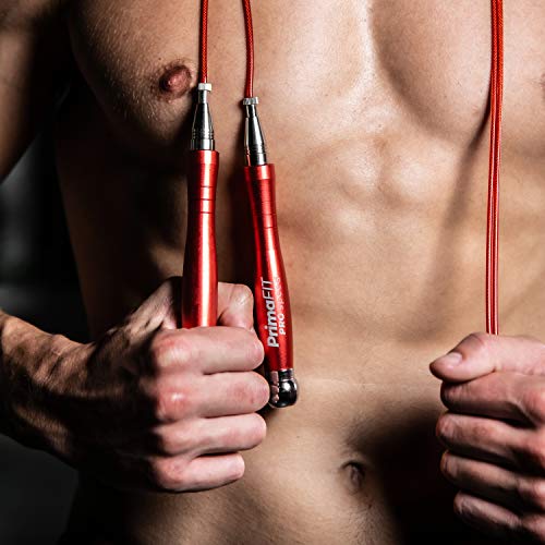 PrimaFIT Jump Rope Pro Speed Skipping Rope Adjustable Adult Jumping Rope Weighted Aluminium Handles for Double Dutch Boxing Workout Crossfit Exercise Fitness Spare Cable Weights Protectors Carry Bag - color: Red