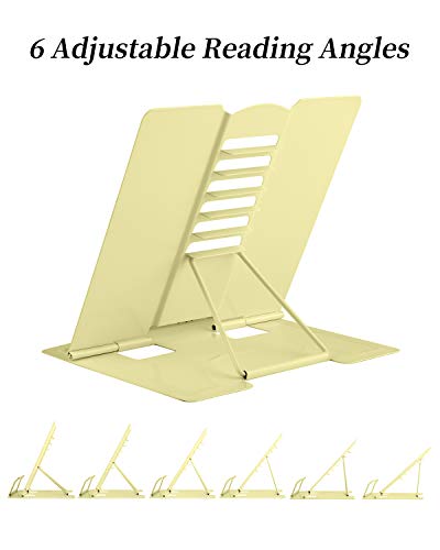 MSDADA Desk Book Stand Metal Reading Rest Book Holder Adjustable Cookbook Documents Holder Portable Sturdy Bookstands for Recipes Textbooks Tablet Music Books with Page Clips (Light Yellow) - color: Light Yellow