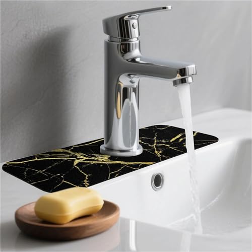 Kitchen Sink Splash Guard，Black gold marble-1 Faucet Mat Sink Gadgets-Super Absorbent Fast Drying Mat Drip Catcher for Kitchen, Bathroom,Sink Mat, Dish Drying Mat, Bathroom(15" X 5.5" ) - color: Black gold marble-1