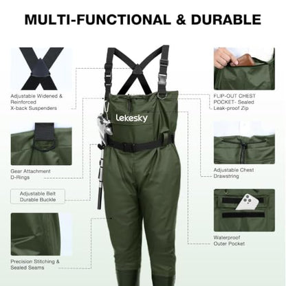 Lekesky Fly Fishing Chest Waders with Boots for Men Women, US Sizes 5–14,2-Ply Nylon/Pvc Waterproof Waders - color: Green, size: M11