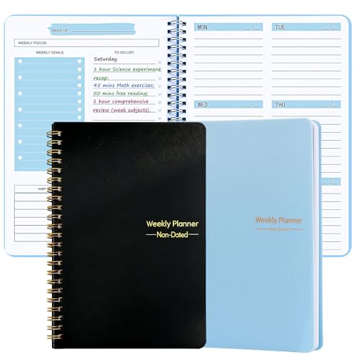 2PCS Undated Weekly Planner with Goal Habit Tracker Notebook, Small A5 to Do List Planners Spiral Binding Personal Goal Journal Non Dated Weekly Planner Simple Agenda Planners for Work Kids School - color: Blue+black-2pcs