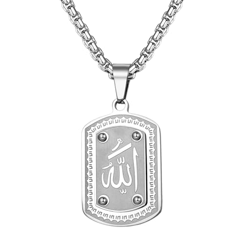 OIDEA Allah Necklace for Men: 18K Gold Plated Stainless Steel Dog Tag Pendant Necklace Islamic Muslim Jewelry Gifts - color: b-sliver