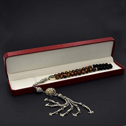 Design -Tiger Eye Stone Series Worry Beads - Prayer Beads (8 mm-33 Beads) Tesbih-Tasbih-Tasbeeh-Misbaha-Masbaha-Subha-Sebha-Sibha-Rosary (Model 2 - Cream Allah&Muhammed Snap Button) - color: Model 2 - Cream Allah&Muhammed Snap Button