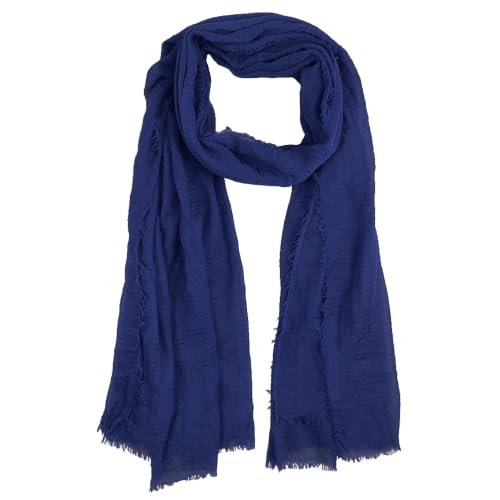 Summer Cotton Blend Crinkle Vintage Soft Scarf with Fringed Edges 35" × 70" - color: Dark Blue