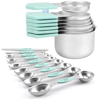 Magnetic Measuring Cups and Spoons Set-Heavy Duty 304 Stainless Steel | Double Measurement Markings,BPA-Free,Set of 16 with Leveler for Measuring Dry and Liquid Ingredients(Mint) - color: Mint