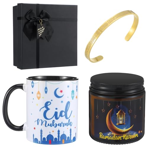 Meanplan 4 Pcs Islamic Ramadan Eid Gifts Mubarak Mug Ramadan Scented Candles Allah Gold Bangles Bracelets Jewelry Gift for Muslim Men and Women Muslim Holidays Eid Ramadan New Year Gifts