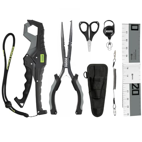 Booms Fishing Gear and Equipment: 6pcs Fishing Tools Kit with Needle Nose Pliers, Fish Gripper, Scissors, 24" Ruler, Retractor & Lanyard - Saltwater Fishing Tackle Accessories Gifts for Men, TK1 - color: Gray