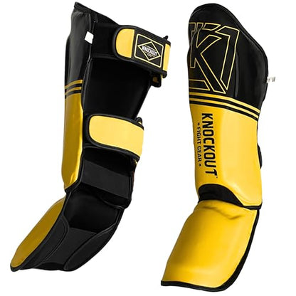 Muay Thai Shin Guards MMA Martial Arts -Padded, Adjustable Leg Guards with Instep Protection for Training and Sparring Gear Kickboxing Equipment – Durable, Professional - color: Black/Yellow, size: XS-CH
