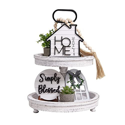 Houmury Rustic Farmhouse Tiered Tray Set with Succulent & Plant - Home Decor for Kitchens (Set of 8 Without Trays)