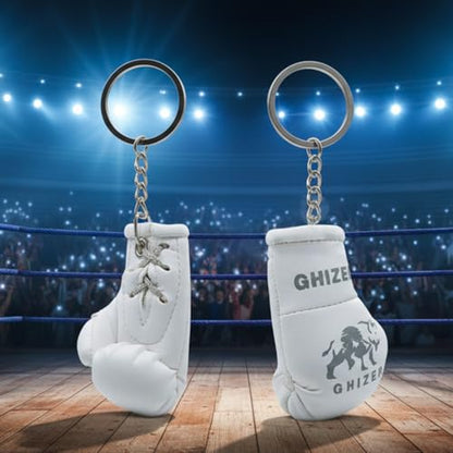 Mini Boxing Glove & Punching Bag Keychain Set – PU Leather Keyring Sports Lovers Gift & Gifts For Men (3 pcs) - color: White