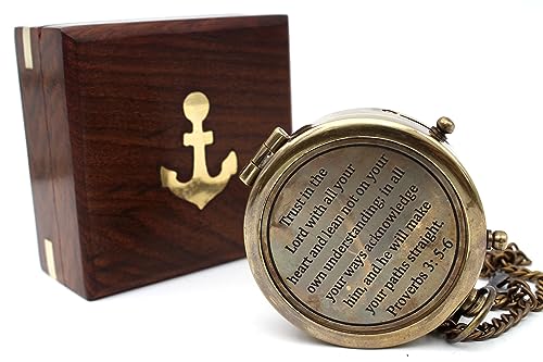 “Trust in The Lord” Engraved Brass Compass with Wooden Case – Christian Gift for Men, Religious Baptism & Confirmation Gift, Inspirational Graduation & Birthday Present