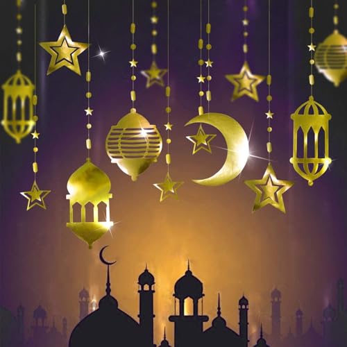 Cheerland Ramadan Decorations Gold Star Moon Lantern Garland Pre-Assembled Shining Hanging Ramadan Mubarak Eid Decorations Banner Streamer for Eid Mubarak Decor Home Party Supplies 16 Pcs