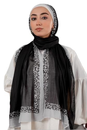 Hijab Modest and Elegant | Beautifully Designed Printed Chiffon Patterns | Muslim Women Head Scarf and Veil - color: Black D