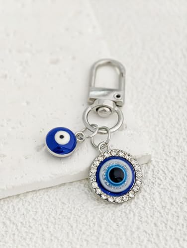 Blue Evil Eye Keychain Hamsa Hand Protection Keyring Good Luck Amulet for Purse Keys,Spiritual Gift for Women Men - color: Silver Diamond Eyes
