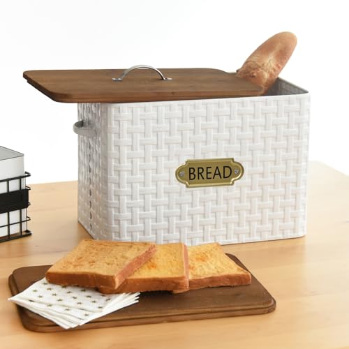 EMAX HOME Extra Large Space Saving Farmhouse Bread Box With Wood Lid - Vertical Breadbox Bread Storage Bin Holder for Kitchen Countertop, White - color: Weaving embossing
