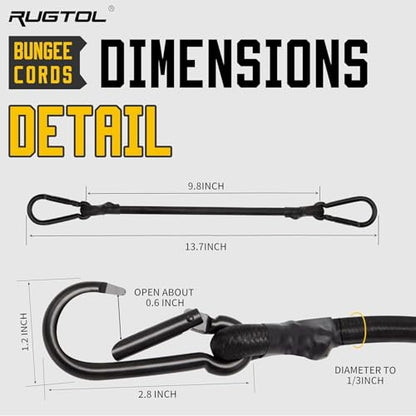 Rugtol Bungee Cords with Hooks, 12 Inch Long Heavy Duty Bungee Cords with Carabiner Clip Outdoor, 1/3 Inch Black Extra Strong Elastic Rope with Carabiner Hooks for Camping, Tarps, Bike, Tent, 6 Pack - size: 12"- 6 pcs