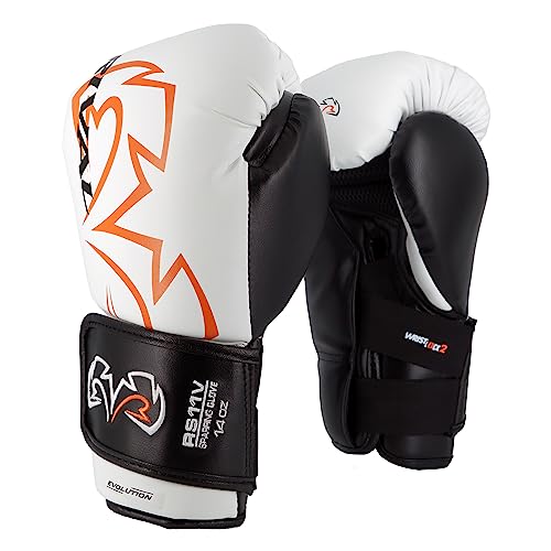 RIVAL Boxing RS11V Evolution Sparring Gloves, Extra-Thick 2” Padding, V-Strap Wrist Lock 2 System, Large Hand Compartment, and 15 Degree Angle Cuff - color: White, size: 14 oz.