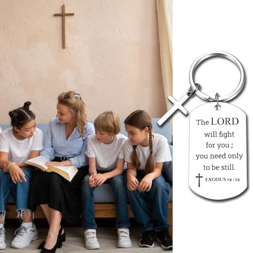 GiftYou Inspirational Scripture Metal Key Chains with Cross Pendant - Bible Verse Keychain Religious Gift for Christian - color: Exodus 14:14