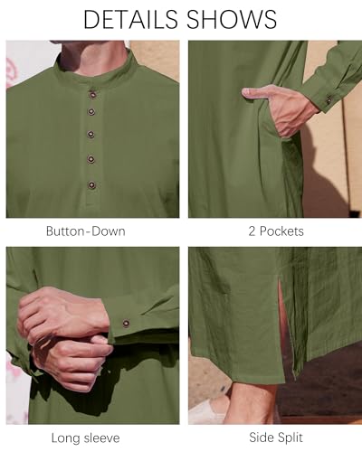 YAOHUOLE Muslim Thobe for Men Button down Mens Caftans Big and Tall Mens Arab Thobe with Pocket - color: Army Green, size: XX-Large