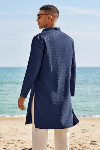 Runcati Mens Kaftan Thobe Textured Henley Shirt Long Sleeve Robe Casual Muslim Gown Shirt - color: Navy, size: Medium
