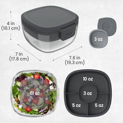 Bentgo Glass Salad Container - 7.6-Cup Salad Bowl with Airtight Lid, Leak-Proof Sauce Container, 4-Compartment Bento Tray & Reusable Fork - BPA-Free for Meal Prep, Office & More (Dark Gray) - color: Dark Gray